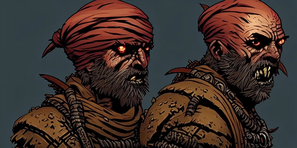 Prompt: warrior character portrait, sprite, darkest dungeon, pc game, sideview, art by moebius and greg rutkowski.