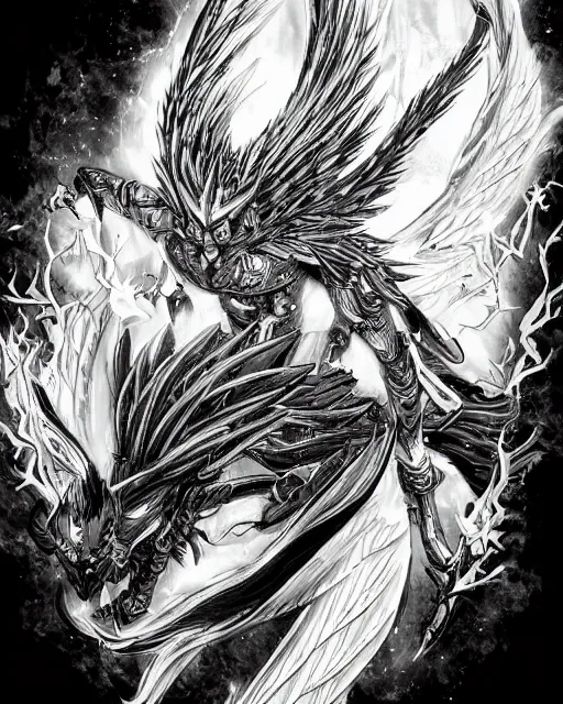 Image similar to A phoenix, black and white, epic, highly detailed, close-up, fantasy art, dragon art, in the style of masami kurumada, illustration, epic, fantasy, intricate, hyper detailed, artstation, concept art, smooth, sharp focus, ray tracing