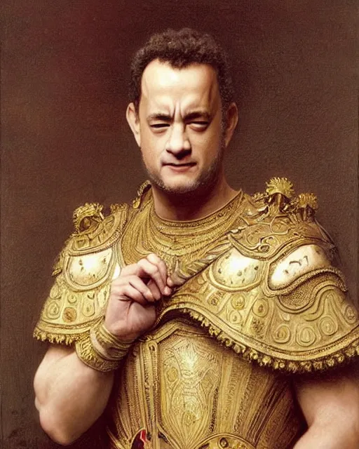 Image similar to Tom Hanks, dressed in ornate, detailed, intricate roman armor, detailed oil painting by William Adolphe Bouguereau