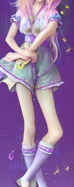 Image similar to Full View of a mysterious kpop fairy maidens with short blond hair wearing an oversized purple Beret, Baggy Purple overall shorts, Short Puffy pants made of silk, silk shoes, a big billowy scarf, Golden Ribbons, white leggings Covered in stars. Short Hair. peasant magic. masterpiece 4k digital illustration by Ruan Jia and Mandy Jurgens and Artgerm and william-adolphe bouguereau, award winning, Artstation, art nouveau aesthetic, Alphonse Mucha background, intricate details, realistic, panoramic view, Hyperdetailed, 8k resolution, intricate art nouveau, smooth, sharp focus