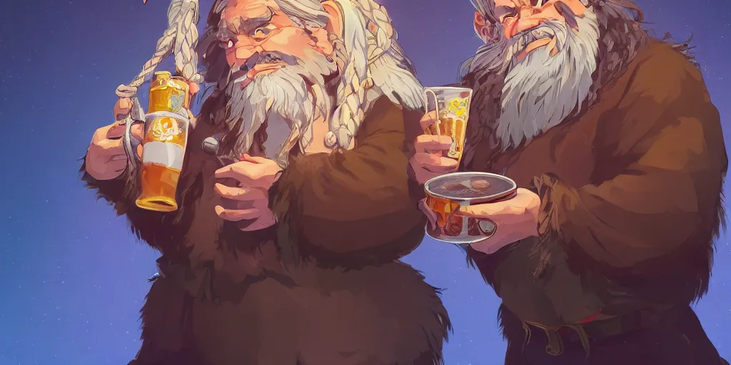 Prompt: a dwarf warrior with long white hair, white braided beard, holding a mug of beer, a lot of pockets, fur cape, tavern background, magical, bright, colorful, fantastic lighting, amazing details, 4 k uhd, illustration by hayao miyazaki and makoto shinkai and ilya kuvshinov, artstation, pixiv,