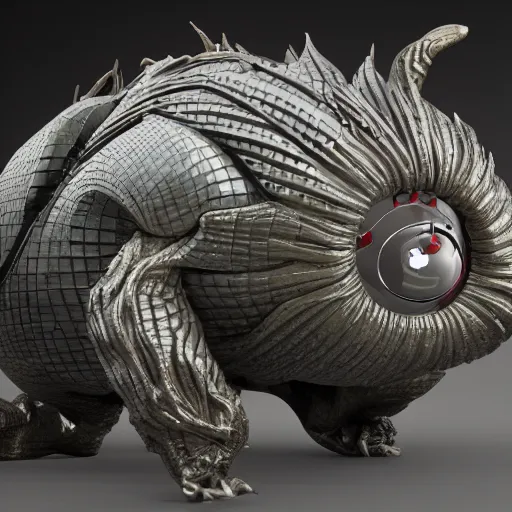 Image similar to evil steel bubble chicken kaiju, epic scale, hyper detailed, photorealistic, rule of thirds, 8 k.