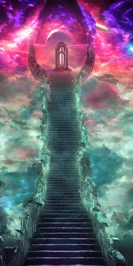 Image similar to trippy stairway into the phantasmagoric realm of dreams, epic scene, volumetric lighting, vivid color, max detail, hd