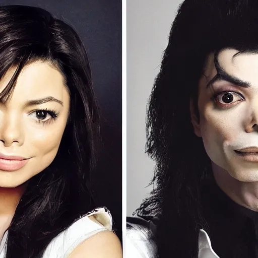 Image similar to Miranda Cosgrove and michael Jackson fusion self portrait, realistic image, studio lighting, elegant