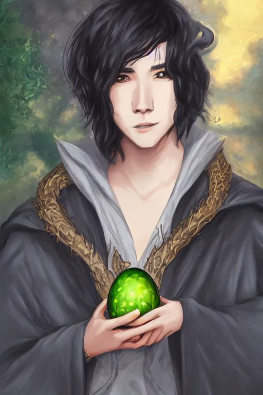 Prompt: portrait of elven teenage boy mage with long black hair holding dragon egg digital painting modern fantasy webtoon manhwa