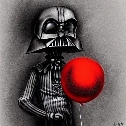 Image similar to surrealism grunge cartoon portrait sketch of death vader with a wide smile and a red balloon by - michael karcz, loony toons style, freddy krueger style, horror theme, detailed, elegant, intricate