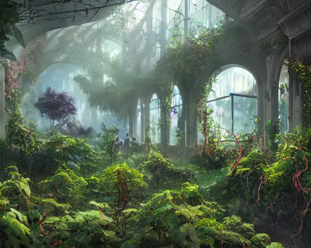 Prompt: A school overgrown with plants, flowers, vines, majestic, dramatic lighting, digtial art, trending on Artstation, massive scale, epic composition
