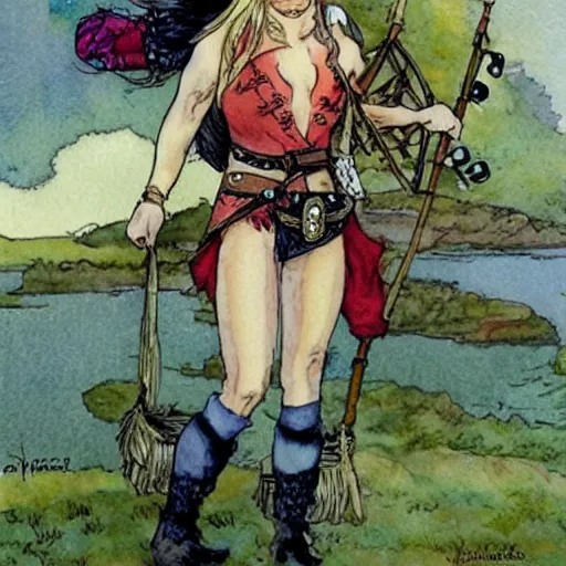 Image similar to a realistic and atmospheric watercolour fantasy concept art of britney spears dressed with scottish clothes and with bagpipe, muted colors. by rebecca guay, michael kaluta, charles vess and jean moebius giraud,