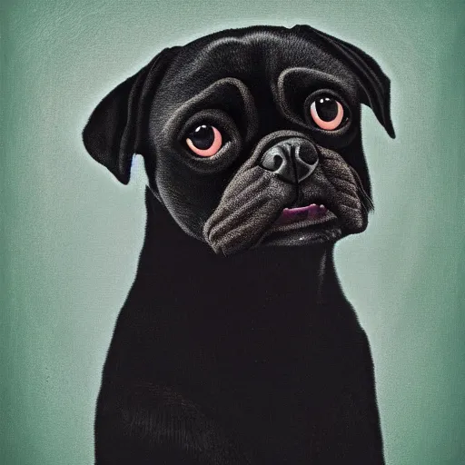 Prompt: portrait of an anthropomorphic fully black pugalier dog, renaissance style painting