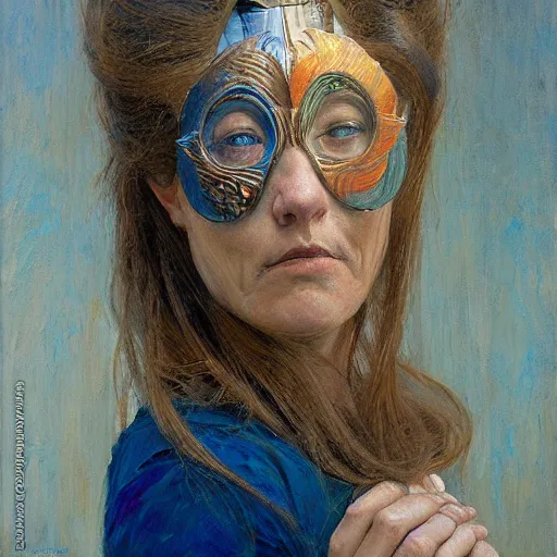 Image similar to portrait of a woman with a painted wood mask, by donato giancola.