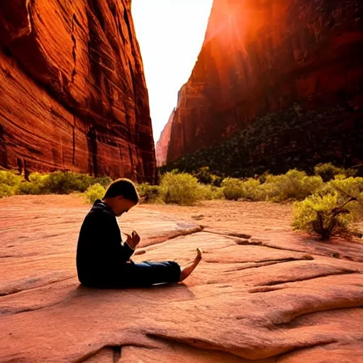 Prompt: award winning cinematic still of teenager boy praying in zion national park, rock formations, colorful sunset, epic, cinematic lighting, dramatic angle, heartwarming drama directed by Steven Spielberg