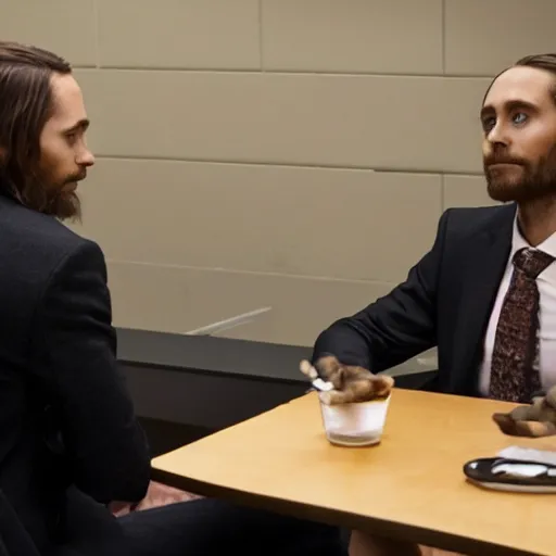 Image similar to jared leto meeting saul goodman in an interrogation room