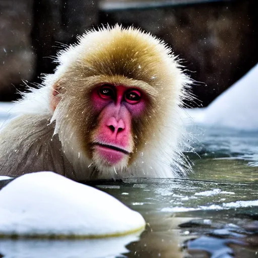 Image similar to An enlightened Japanese Snow Monkey during heavy though in a hot spring