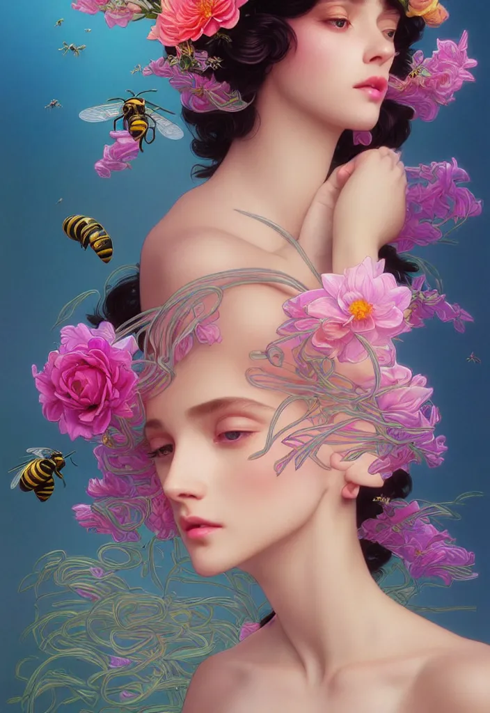 Image similar to young beautiful woman, gorgeous face, vaporwave aesthetic, synthwave, colorful, psychedelic, artstation, flowers, bees, ribbons, concept art, luxurious silvery gown, smooth, extremely sharp detail, finely tuned detail, 8 k, unreal engine 5, ultra sharp focus, illustration, art by artgerm and greg rutkowski and alphonse mucha