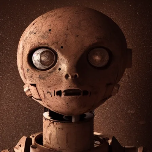 Prompt: photo of an abandoned dirty humanoid robot looking at the camera and smiling with a creepy face in a basement by Greg Rutkowski, dark, creepy, horror, disgusting, dust, brown scheme color, uncanny valley, full shot, photo photo, depth of field, red eyes