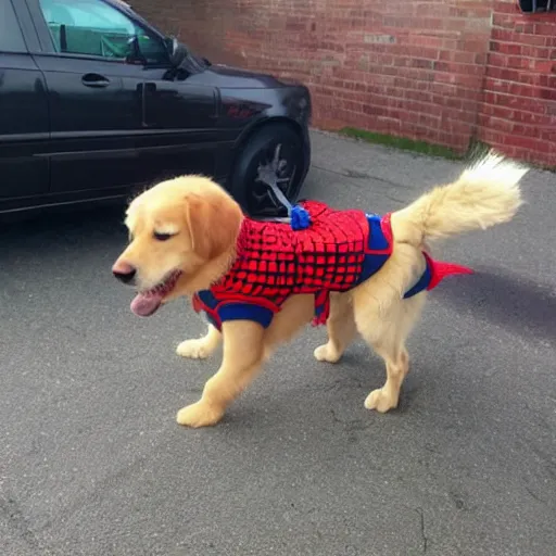 Image similar to golden retriever dressed as spiderman