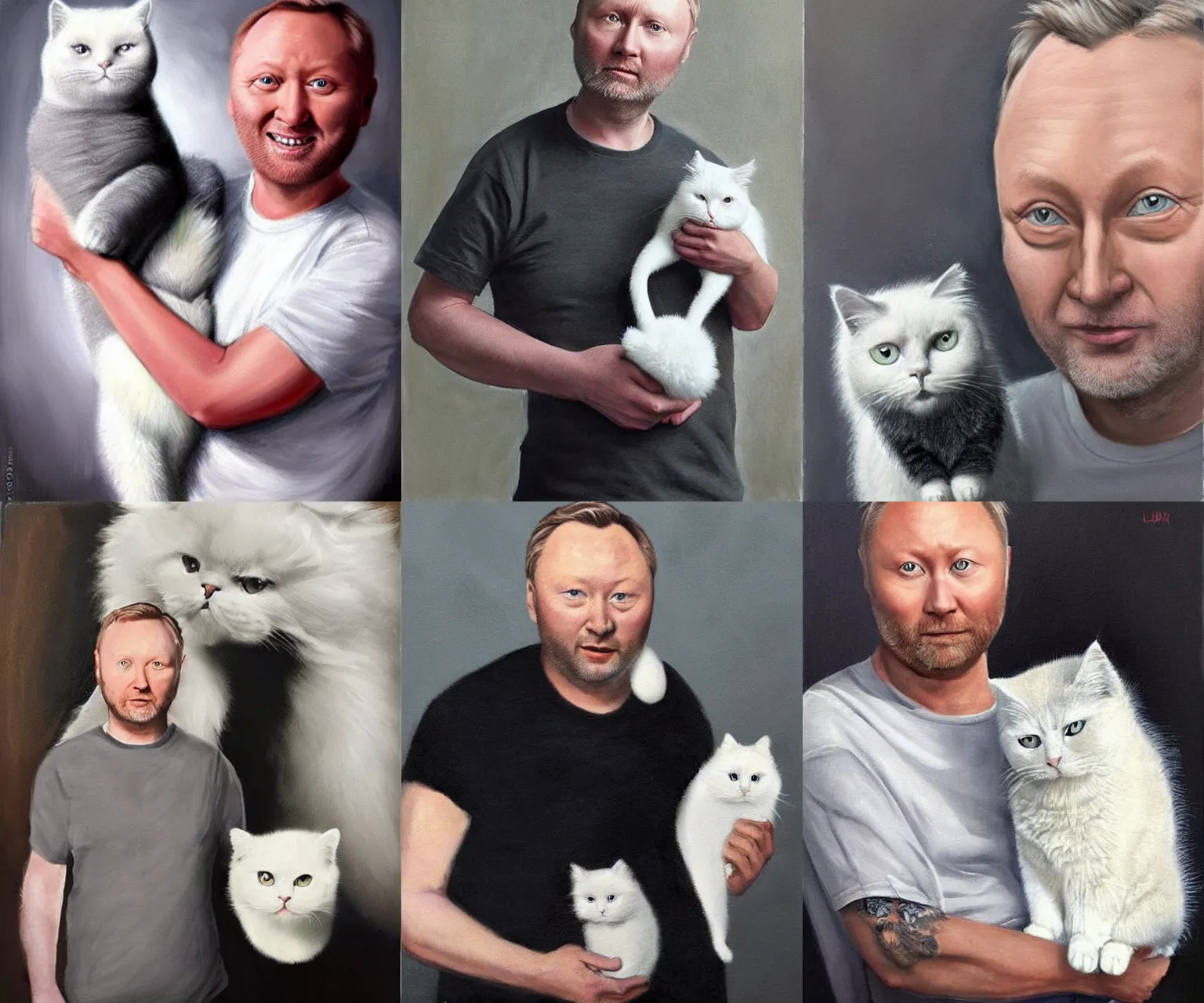 Image similar to a white man with dark grey hair that looks exactly like limmy wearing a grey tshirt standing beside his fluffy white cat, epic painting by James gurney