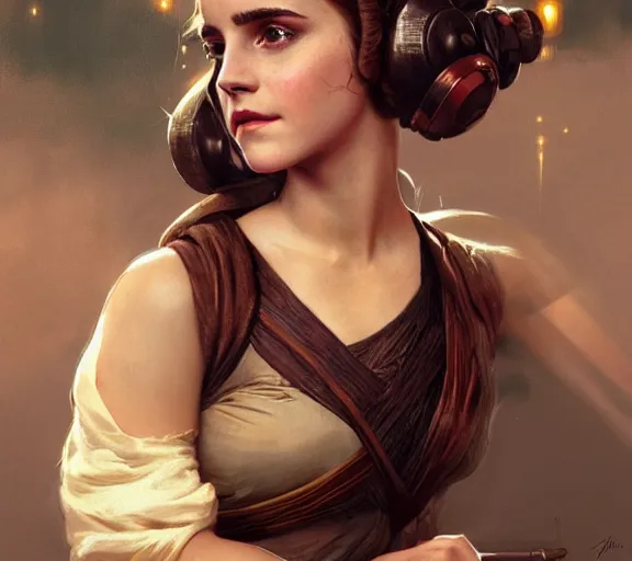 Image similar to photography of a sensual emma watson dressed like princess leia slave girl outfit star wars, deep focus, intricate, elegant, highly detailed, digital painting, artstation, concept art, matte, sharp focus, illustration, art by artgerm and greg rutkowski and alphonse mucha and gil elvgren