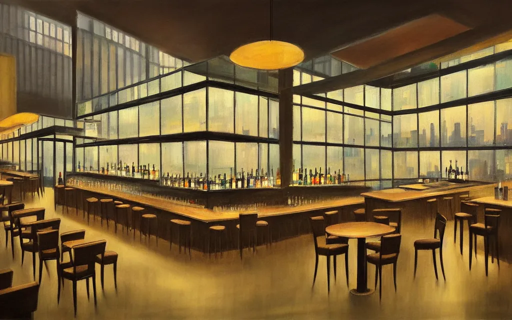 Prompt: loft lounge with tall windows, few people, city in background, bar counter with bartender and few chairs nearby, sparse plants, dim painterly lighting volumetric aquatics, impasto. drawn by feng zhu