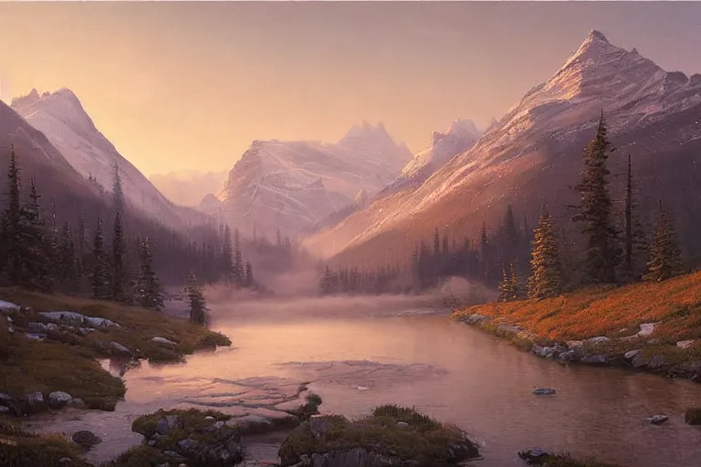 Prompt: an epic landscape painting of the three sisters mountains in canada, with snow on its peak, at sunrise in springtime, with a small river in the foreground, painted by greg rutkowski, atmospheric, volumetric lighting, rolling fog, breathtaking, highly detailed