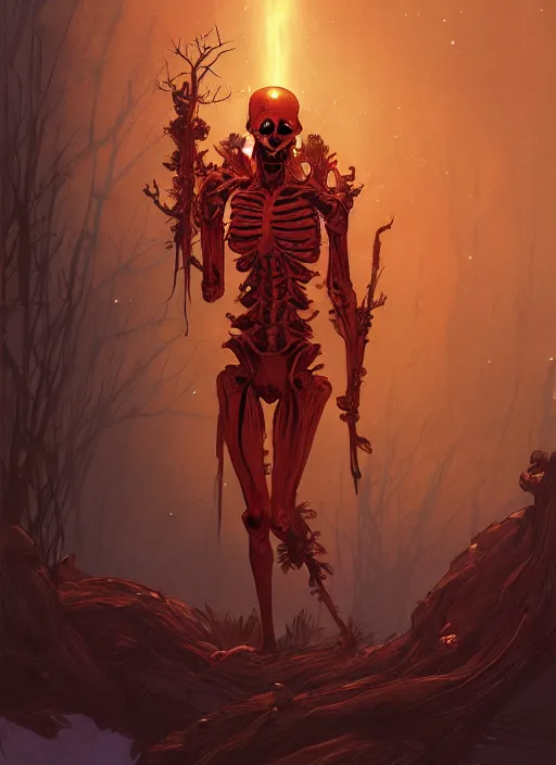 Prompt: A red Skeleton, golden crown, male, fantasy, extremely detailed, digital painting, artstation, concept art, smooth, sharp focus, illustration, stunning lighting, art by artgerm and greg rutkowski and alphonse mucha and simon stalenhag, realistic character concept, high fantasy, dark atmosphere, golden ratio, cinematic lighting, hyperdetailed, high resolution, insanely detailed and intricate, artstation, Marc Simonetti, Greg Rutkowski, 8k