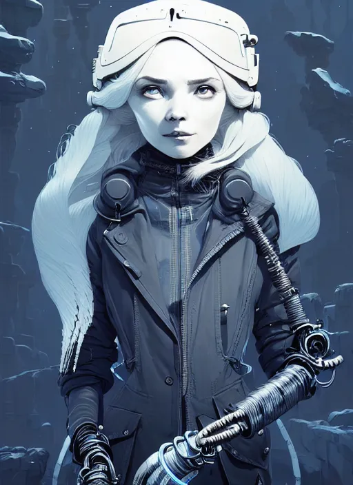 Image similar to highly detailed portrait of a hopeful frostpunk long blonde hair lady with robotic limbs, stray wiring by atey ghailan, james gilleard, by joe fenton, by greg rutkowski, by greg tocchini, by kaethe butcher, 4 k resolution, gradient blue, black and white color scheme!!! ( ( glacier cave background ) )