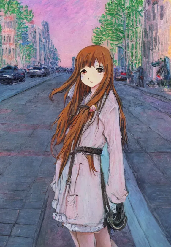 Prompt: wide angle portrait of a teenage girl, a thrifty outfit, very anime in impressionist style, city street view background, anime trending artwork, anime painter studio, by claude monet