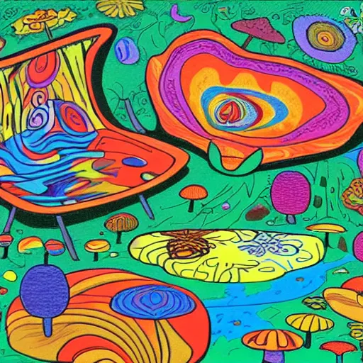 Image similar to psychedelic trippy couch in the lush forest, planets, flowers, mushrooms milky way, sofa, cartoon by carl barks and eric carle