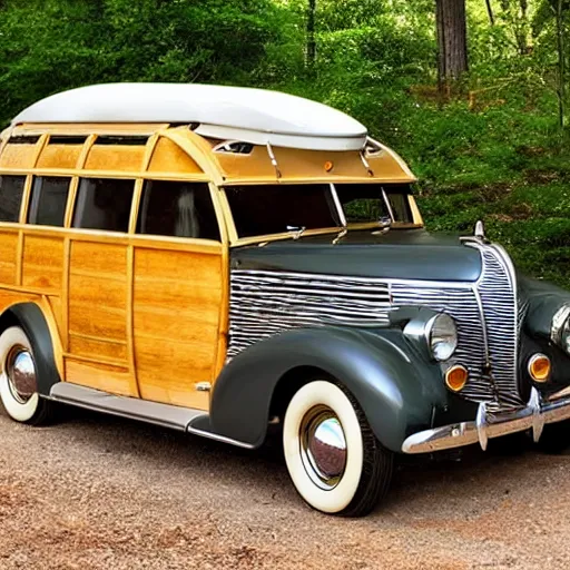 Prompt: photo of a 1 9 3 6 chrysler airstream parked at a lake