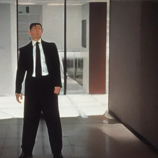 Image similar to film still, Oswald Spengler in American Psycho suits