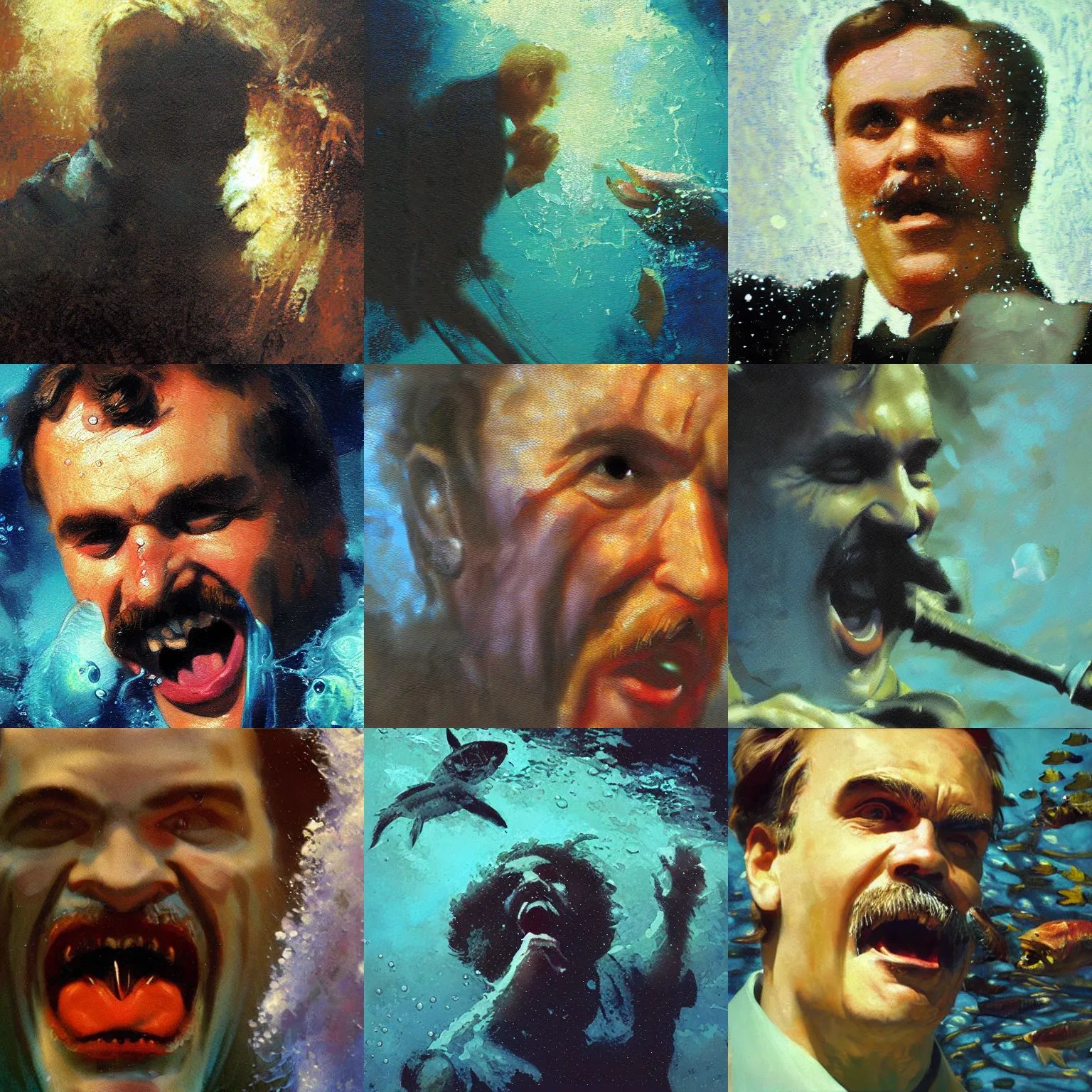 Prompt: close-up of Friedrich Nietzsche, screaming underwater, fish swimming around, air bubbles, painting by Craig Mullins,