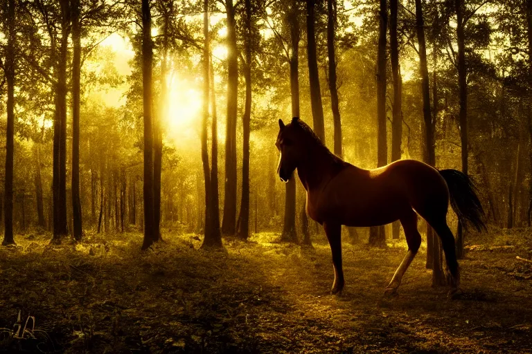 Prompt: beautiful horse in the forest evening natural light, fireflies, 200mm by Emmanuel Lubezki