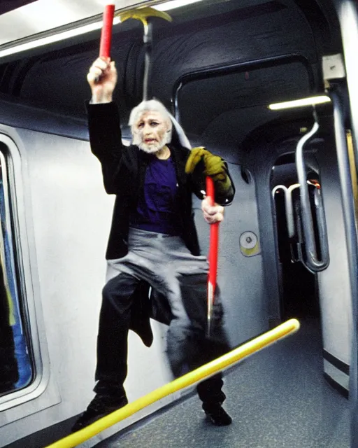 Image similar to movie villain, actor david patrick kelly practicing with his brightly glowing nunchucks while riding a subway train, movie dreamscape