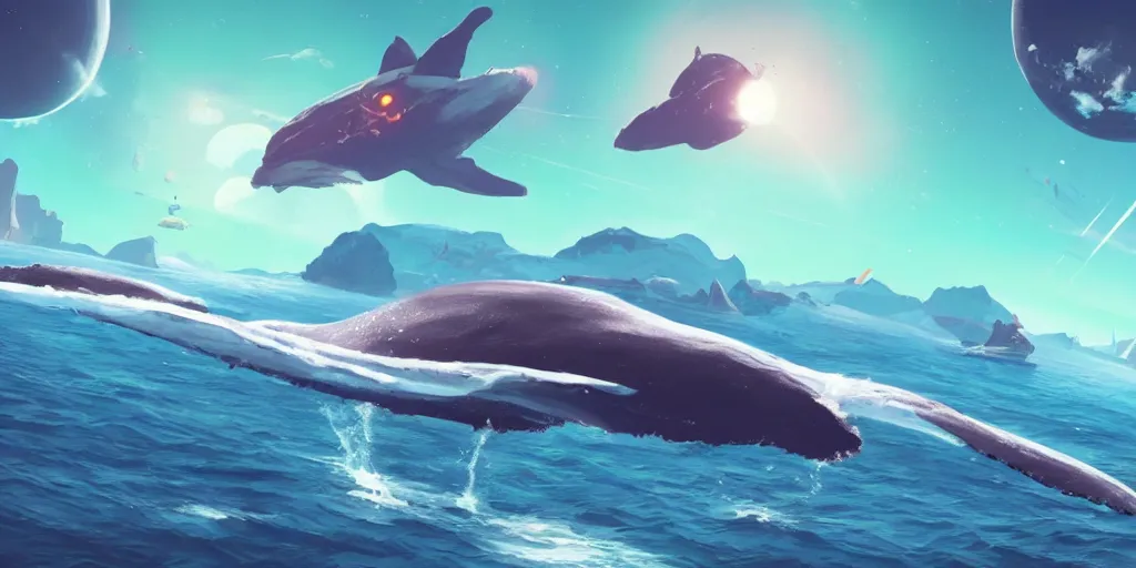 Image similar to no mans sky concept art of flying whale, space whale