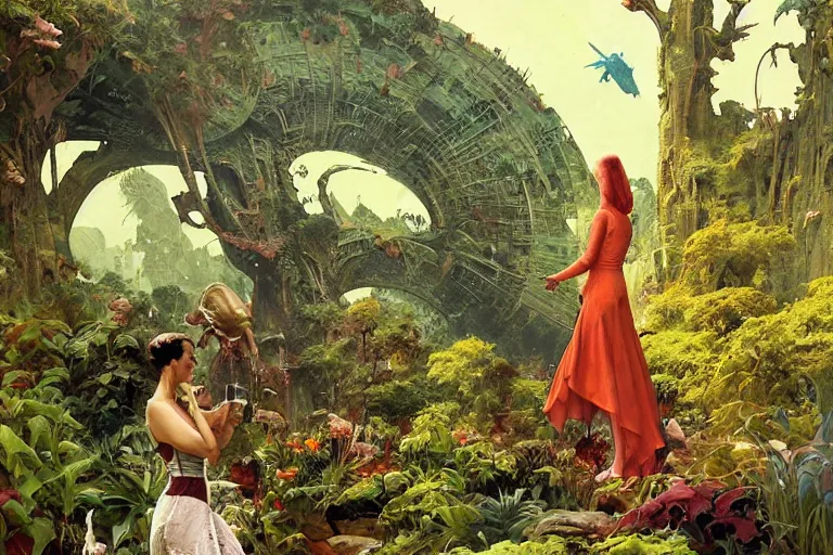 Image similar to pulp scifi illustration, elegant woman meets lizard alien in beautiful garden, flowers, baobab trees, distant town in valley and hills, spacehip lands, by norman rockwell, jack kirby, john berkey, bergey, craig mullins, ruan jia, raymond swanland, jeremy mann, beksinski, tom lovell, alex malveda, schomburg