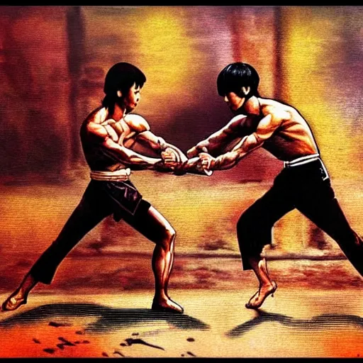 Image similar to A samurai fighting Bruce Lee, HD, high resolution, hyper realistic, 4k, intricate detail