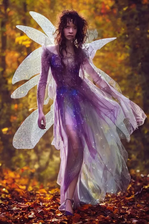 Image similar to masterwork full body photograph of astrid berges frisbey as a fairy. highly detailed sharp focus face. wearing a dress made out of stars. resting on a background of autumn leaves. fluid, dreamy, ethereal, vivid colours. wow! cinematic lighting. trending on artstation. cgsociety. by moebius. megapixels.