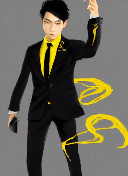 Prompt: a highly detailed illustration of young attractive black haired asian boy wearing black suit and tie with coattails, yellow eyes, dramatic elegant pose, strings background, intricate, elegant, highly detailed, centered, digital painting, artstation, concept art, smooth, sharp focus, league of legends concept art, wlop.