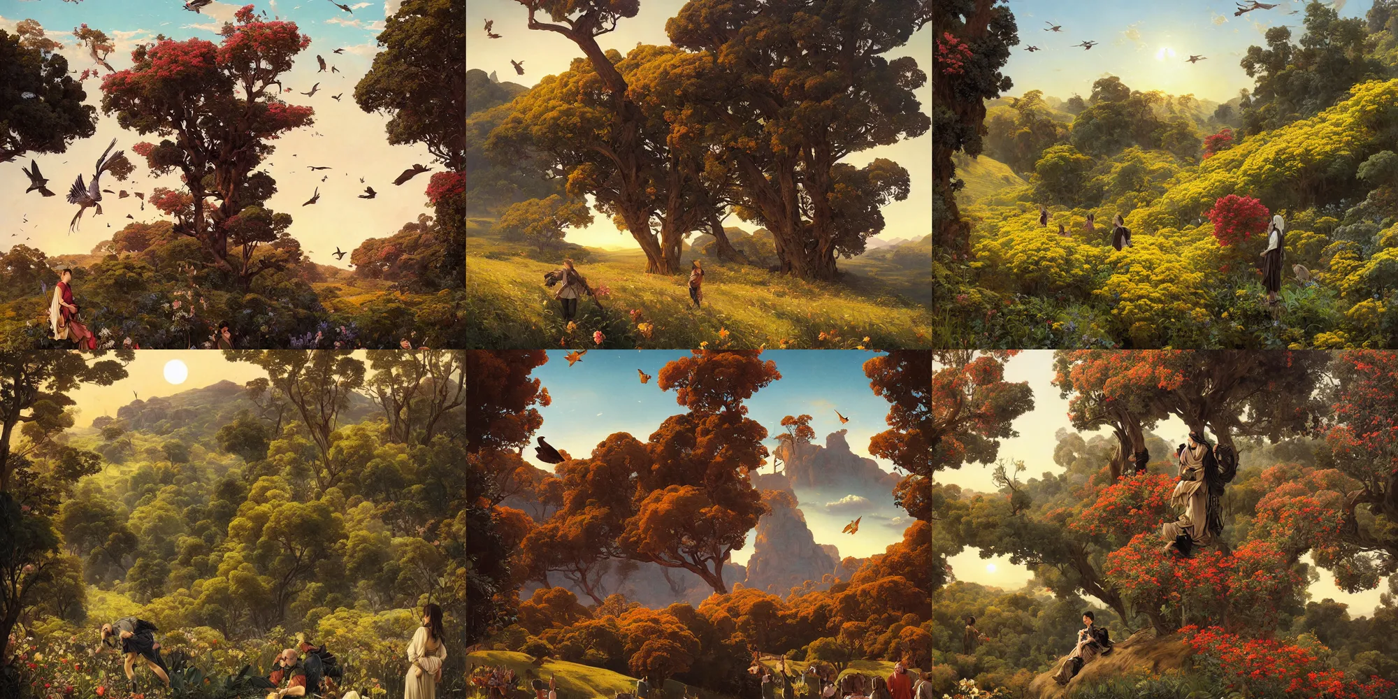 Prompt: a valley with trees in flower. flowers. giant birds flying. sunset. full - length, oil painting in a modern style, very detailed, painted by caravaggio, greg rutkowski, sachin teng, thomas kindkade, enki bilal, tony sandoval, norman rockwell, tom bagshaw.