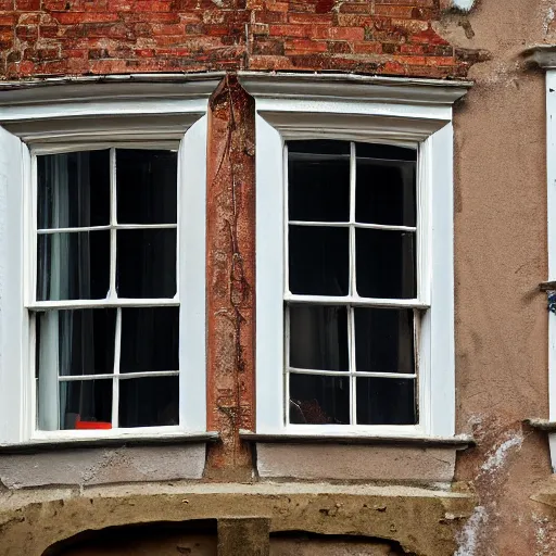 Image similar to single triangular or round sash window on a british wall, surprised and perplexed builders standing in front of it