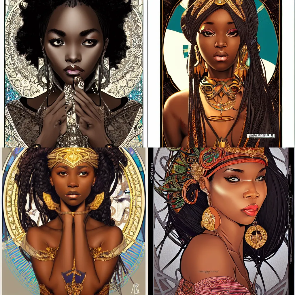 Prompt: black african princess, artgerm, symmetric, highly detailed, concept art, intricate, sharp focus, illustration, rutkowski, alphonse mucha