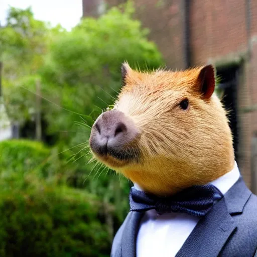 Image similar to capybara head, a man wearing a suit capybara head (smoking cigar)