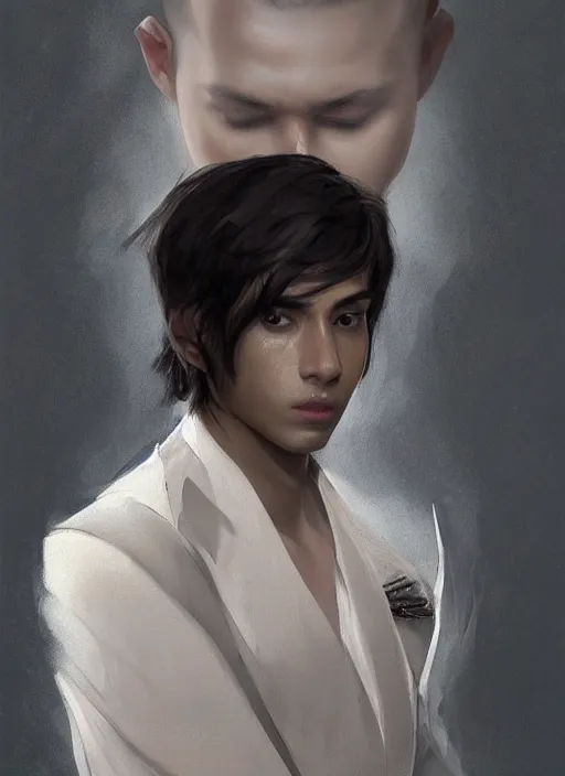 Image similar to a professional painting of a beautiful young prince, wearing an origami high fashion tuxedo, olive skin, buzzed short dark hair, beautiful bone structure, symmetrical facial features, intricate, elegant, digital painting, concept art, smooth, sharp focus, illustration, from Metal Gear, by Ruan Jia and Mandy Jurgens and Artgerm and William-Adolphe Bouguerea