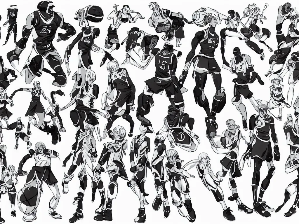 Prompt: anime model sheet of a cyborg basketball player by studio trigger