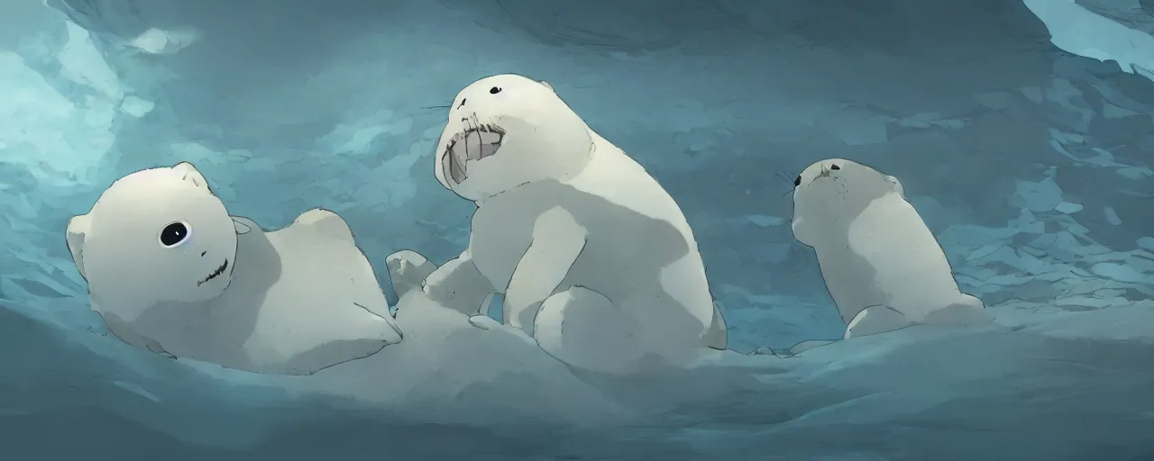 Image similar to a baby harp seal skeleton decomposing on the bottom of the arctic ocean, atey ghailan, goro fujita, studio ghibli, rim light, dark lighting, clear focus, very coherent,