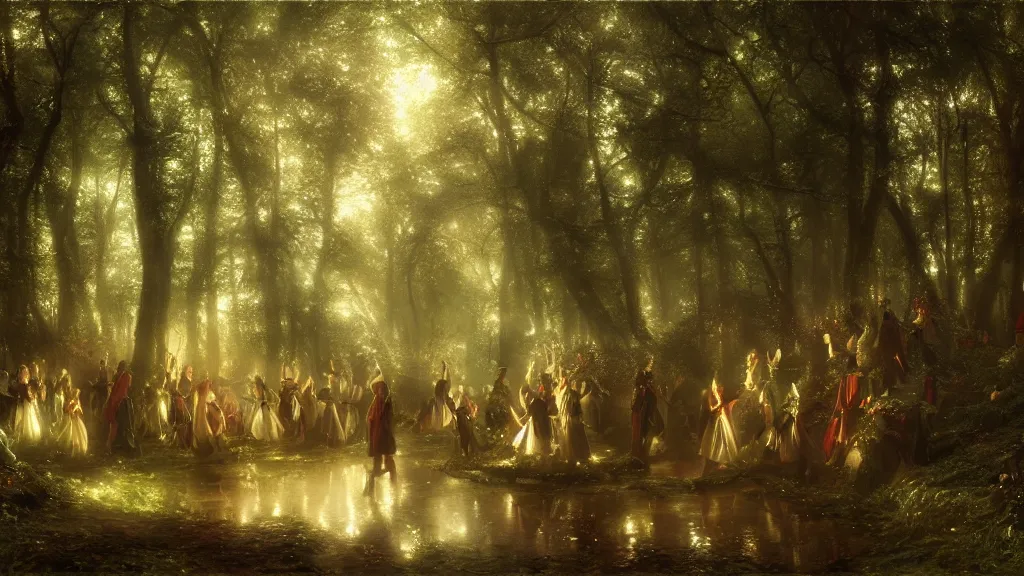 Prompt: procession of elves in the magical forest. andreas achenbach, artgerm, mikko lagerstedt, zack snyder, tokujin yoshioka, impressionist