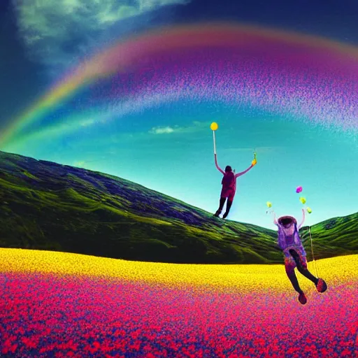 Prompt: hyperpop art of a bucolic landscape with two hikers shattering into millions of brightly coloured Smarties towards the heavens, cinematic shot