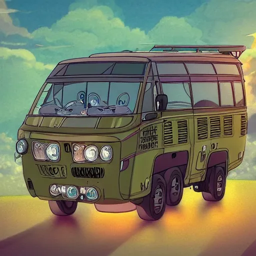 Prompt: Wolfbus in anime style, looking like Catbus in Ghibli studio cartoons. 8k Resolution illustration. Trending on ArtStation and DeviantArt.