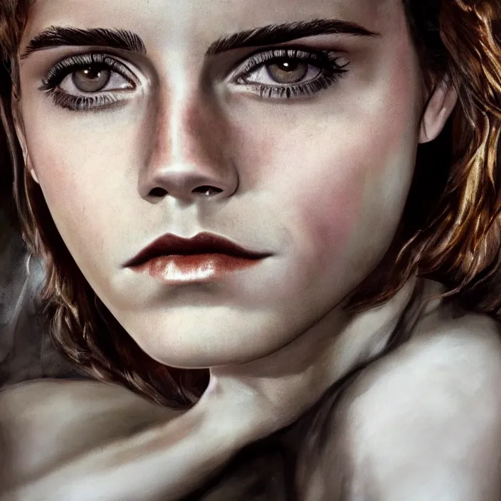 Prompt: emma watson photorealism by h. r. giger, tim burton, full colour spectrum, iridescent specular highlights, white biomechanical, gold, bronze, copper, chrome, titanium, supersampled, 8 k, beautify
