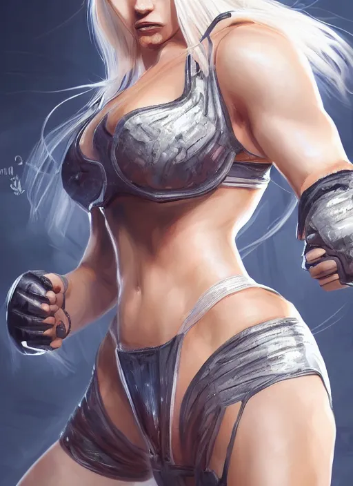 Image similar to a highly detailed illustration of fierce platinum blonde woman wearing mma gear, dramatic smile pose intricate, elegant, highly detailed, centered, digital painting, artstation, concept art, smooth, sharp focus, league of legends concept art, WLOP